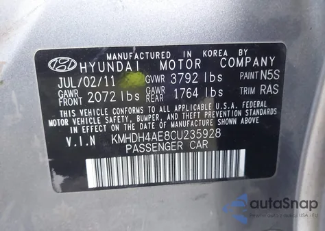 2012 Hyundai Elantra Gls (Ulsan Plant) из США, поврежденный, VIN KMHDH4AE8CU235928